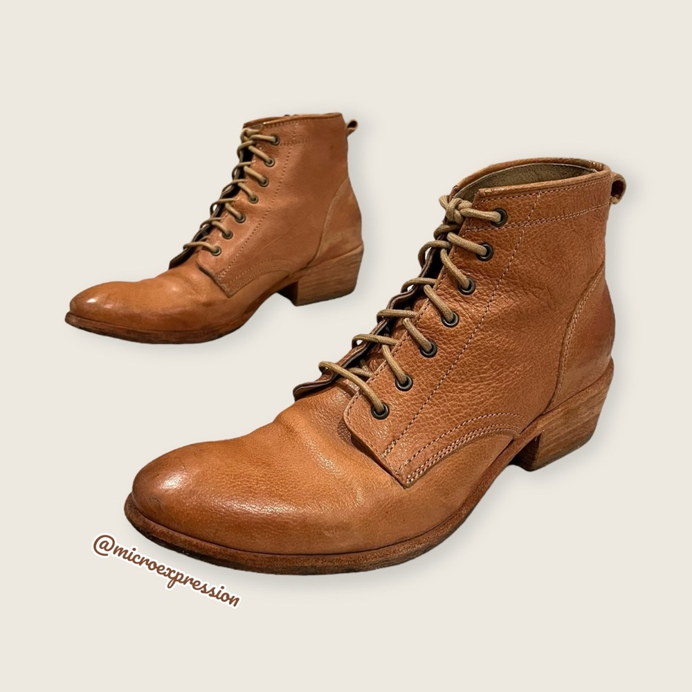 $369 Frye Carson Lace-Up Tan Cognac Real Leather Lace Up PullOn Heeled AnkleBoot - Picture 16 of 16